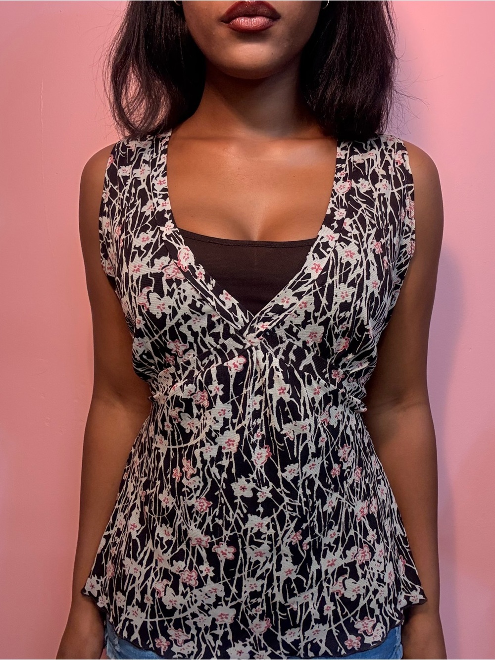 Floral V-Neck Sleeveless Top with ties